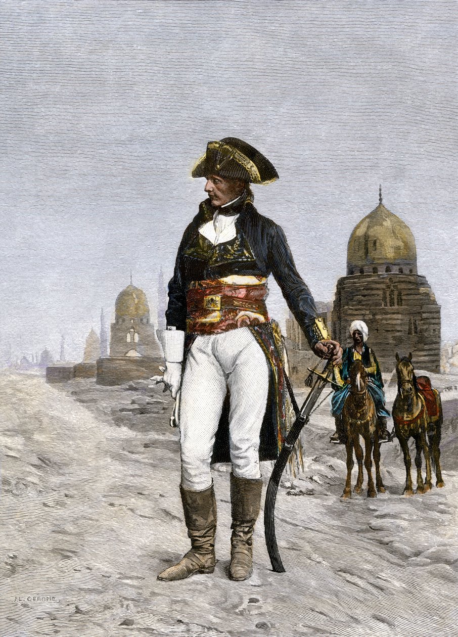 Ägyptische Expedition (1798-1801): Porträt von Napoleon Bonaparte (1769-1821) in Kairo 1798. Kolorierte Gravur nach einem Gemälde von Jean Leon Gerome. von Jean Leon Gerome