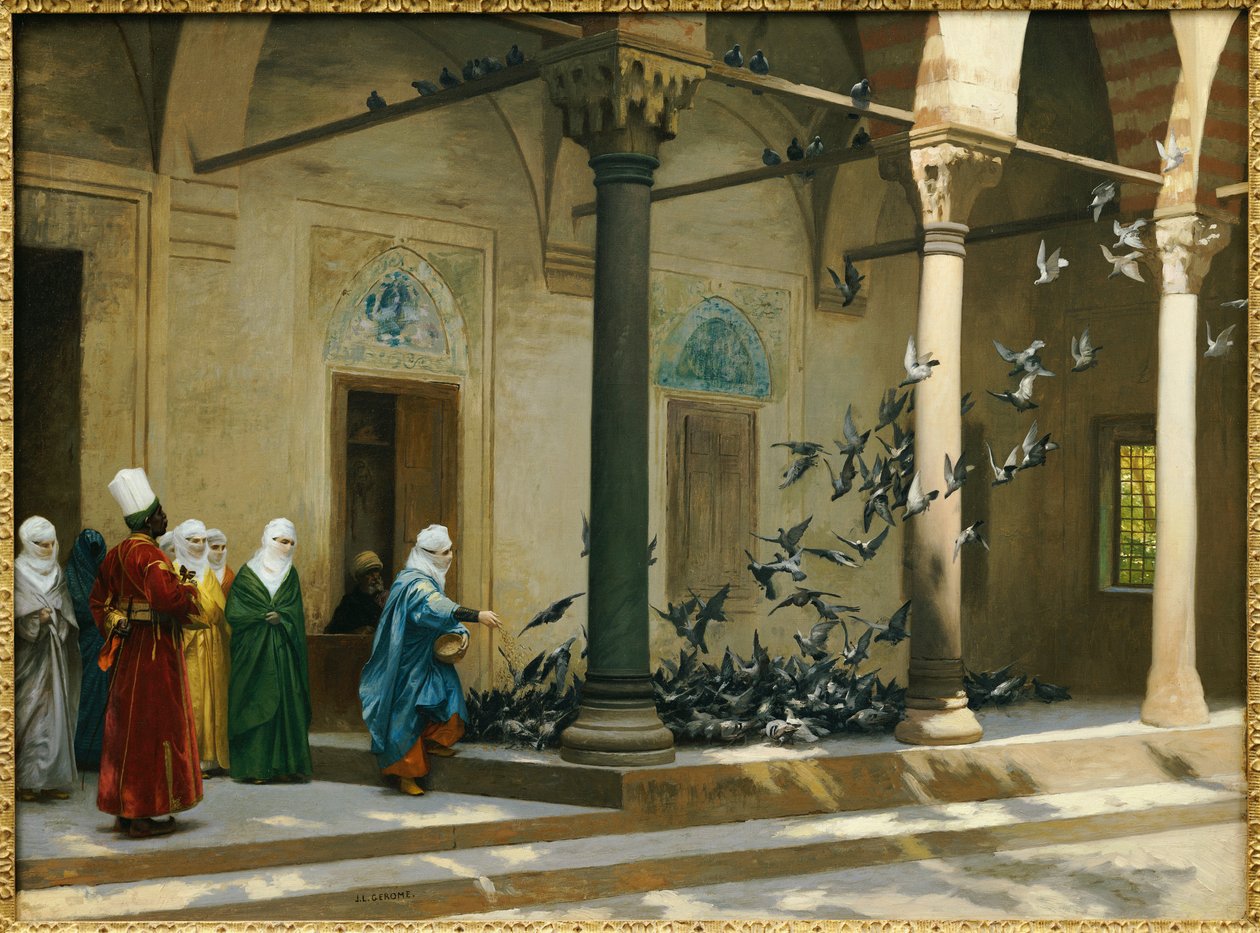 Haremfrauen füttern Tauben im Hof von Jean Leon Gerome
