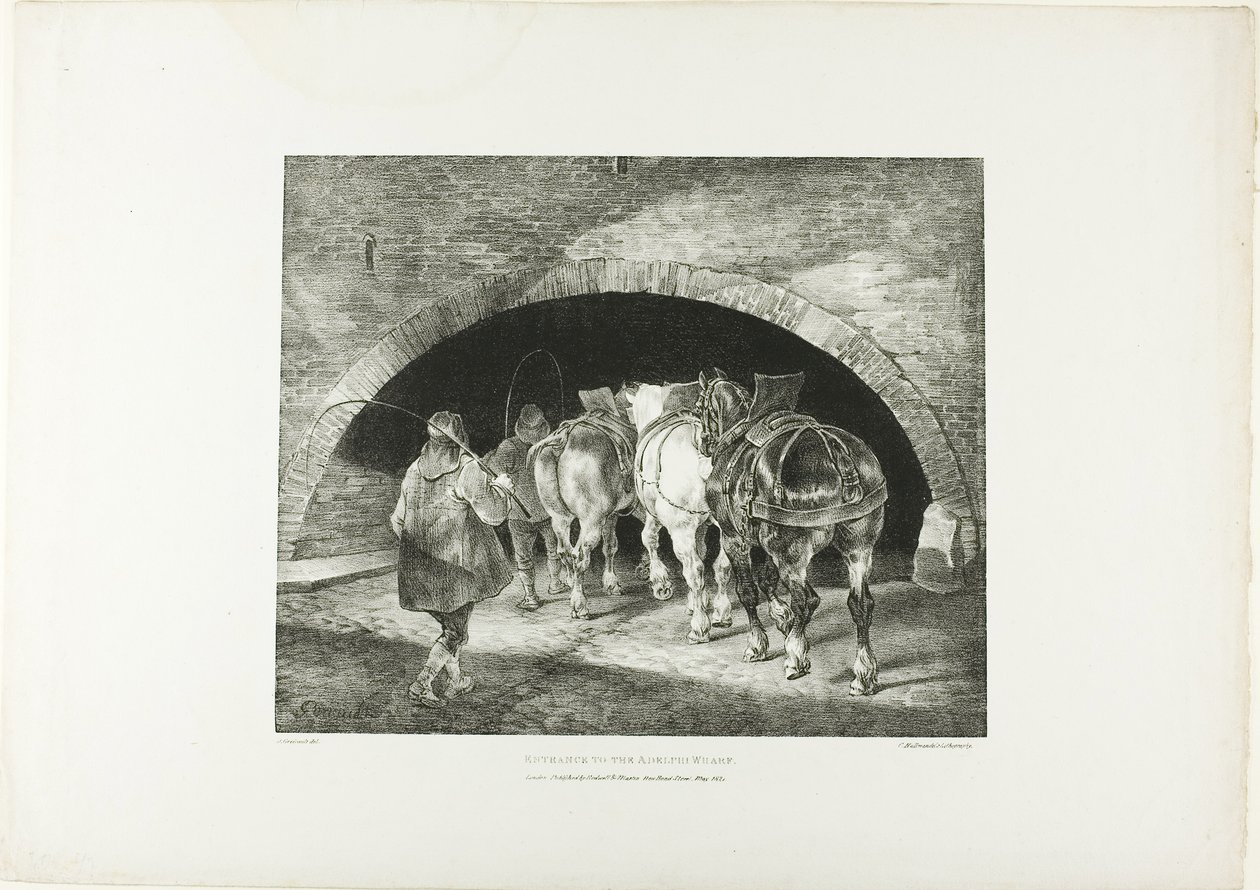 Eingang zum Adelphi Wharf, Tafel 11 aus Verschiedene Motive nach dem Leben auf Stein gezeichnet von Jean Louis André Théodore Géricault