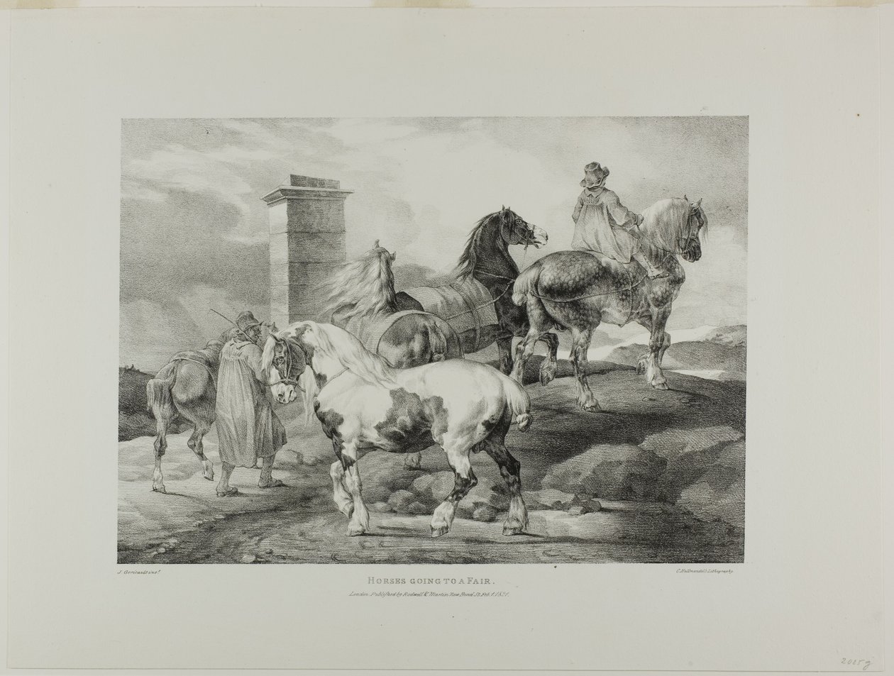 Pferde gehen zu einem Jahrmarkt, Platte 3 aus Verschiedene Motive aus dem Leben und auf Stein gezeichnet (Die Englische Suite) von Jean Louis André Théodore Géricault