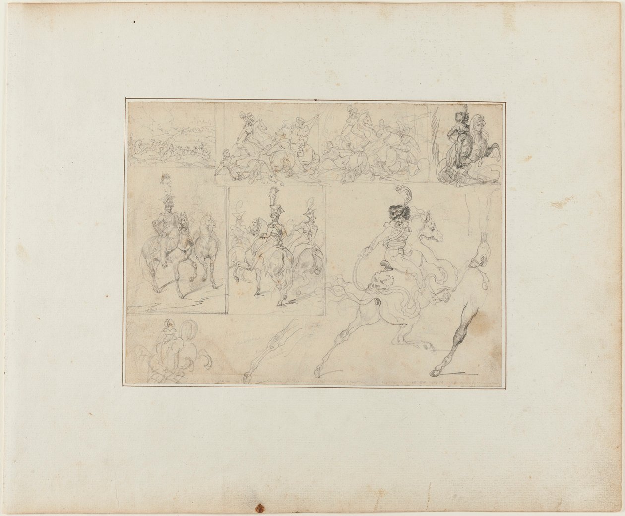 Blatt mit Skizzen: Kavalleriegefechte und berittene Soldaten von Jean Louis André Théodore Géricault