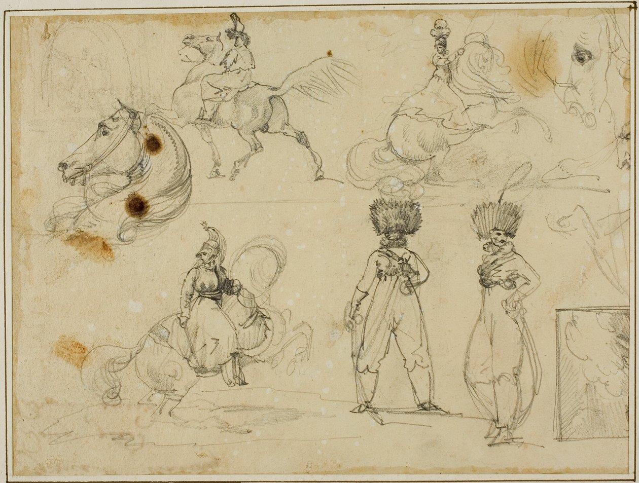 Blatt mit Skizzen: Soldaten, Pferde und eine Landschaft von Jean Louis André Théodore Géricault