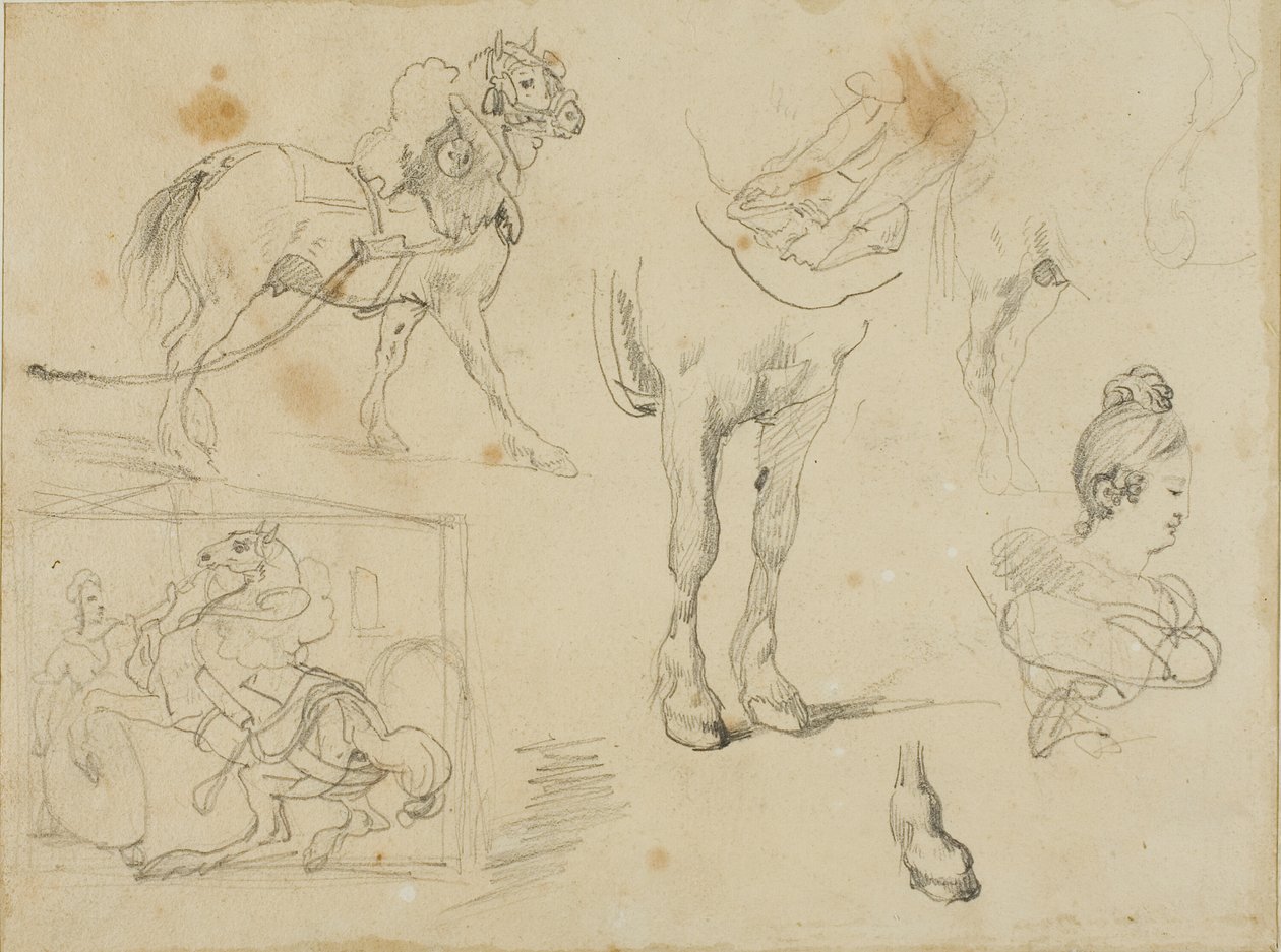 Studien eines Zugpferdes, eines Schmieds und einer jungen Frau von Jean Louis André Théodore Géricault