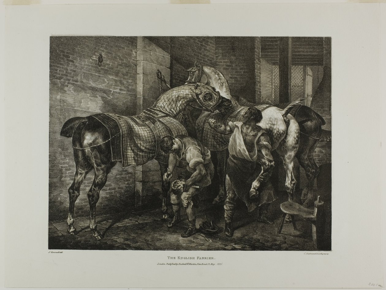 Der englische Hufschmied, Platte 10 aus Verschiedene Motive aus dem Leben gezeichnet und auf Stein (Die englische Suite) von Jean Louis André Théodore Géricault