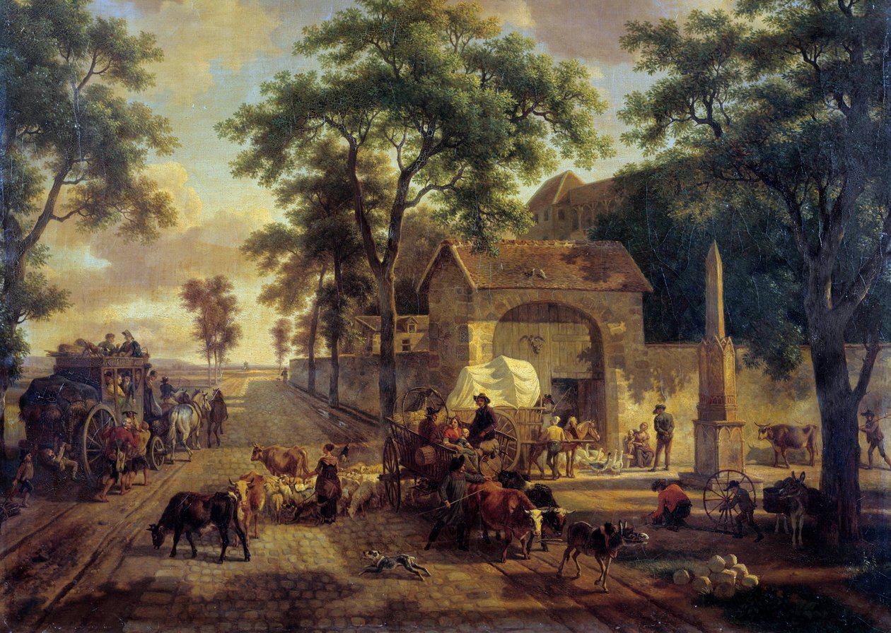 Landschaftsstraße mit Bauernwagen, Herden und Hirten von Jean Louis Demarne