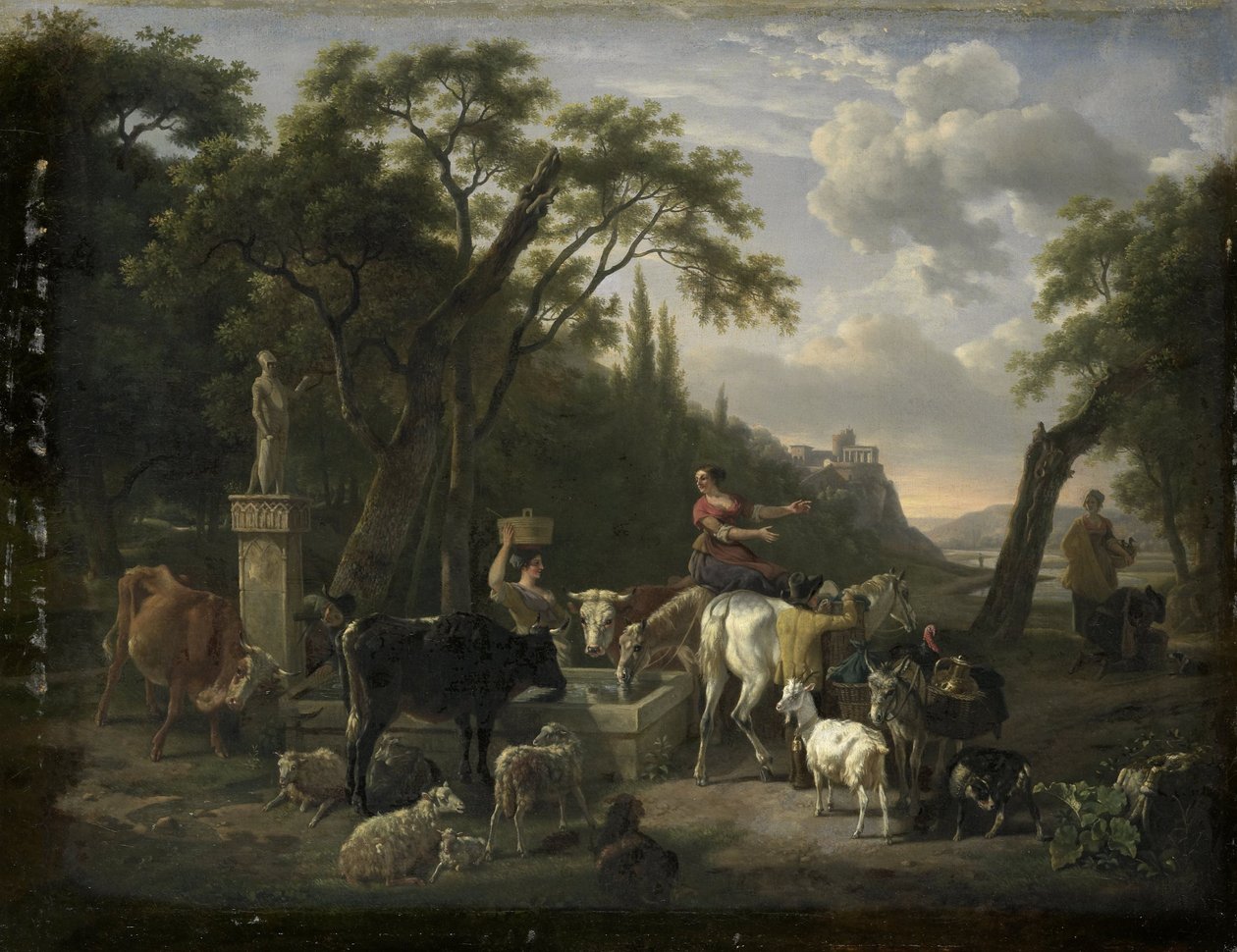 Italienische Landschaft mit Hirten und Tieren an einem Brunnen von Jean Louis Demarne