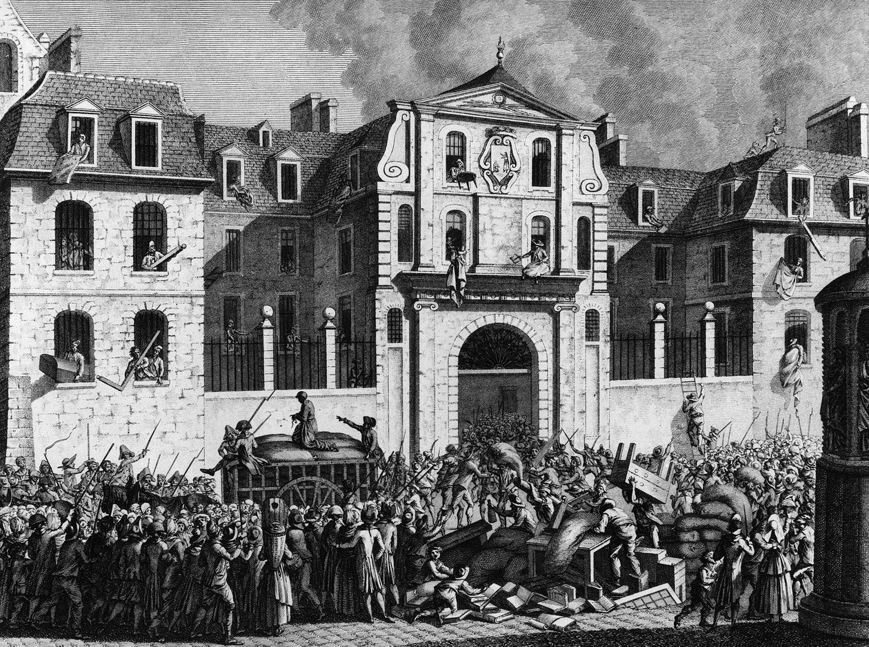Französische Revolution: Plünderung des Hauses Saint Lazare in Paris am Montag, den 13. Juli 1789 durch die Revolutionäre. Gravur von Berthaut nach Prior. Paris, Bibliothek des Instituts für Revolutionsgeschichte. von Jean Louis II (after) Prieur