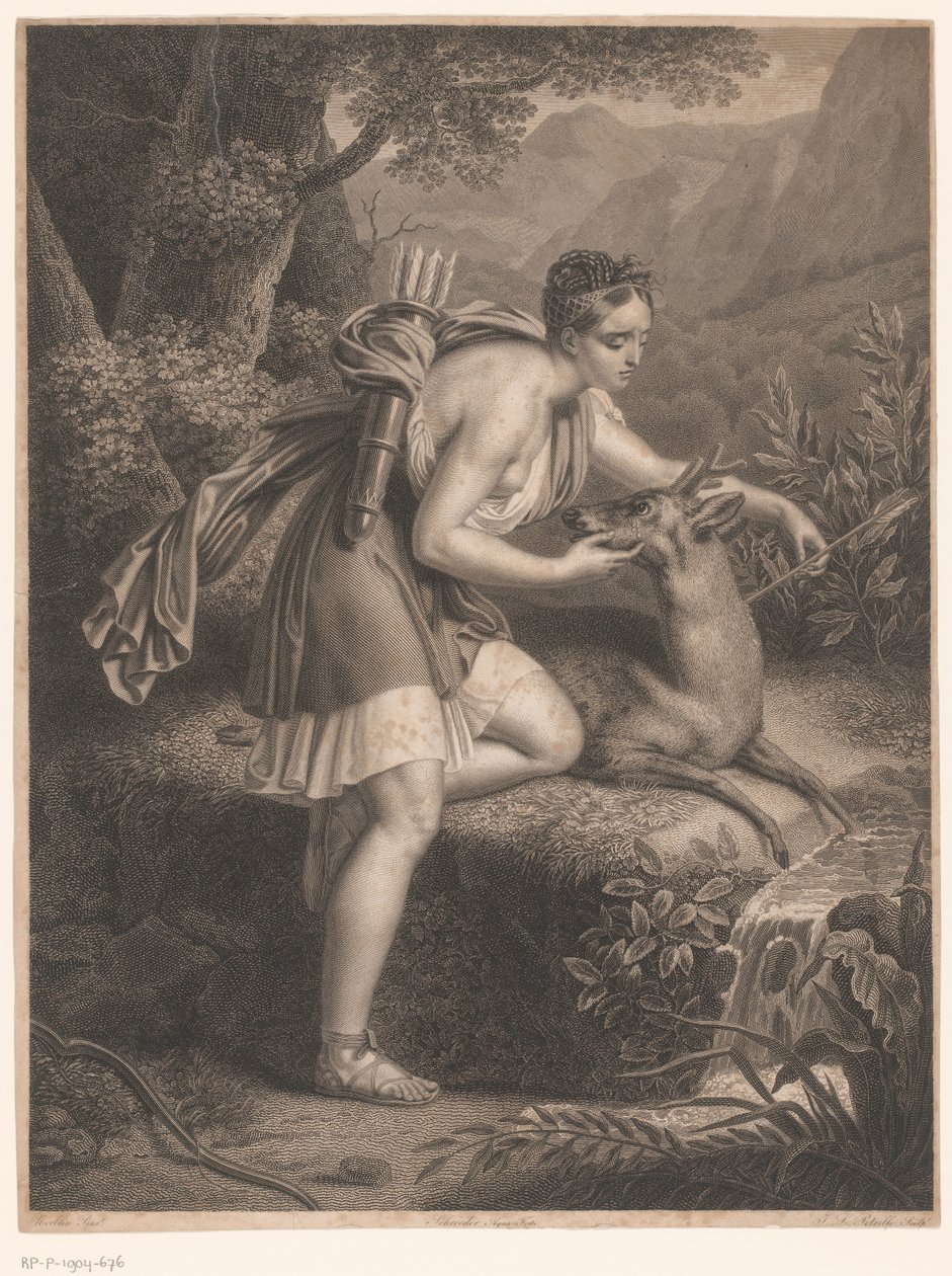 Nymphe von Diana zieht einen Pfeil aus dem Hals eines Hirsches von Jean Louis Potrelle
