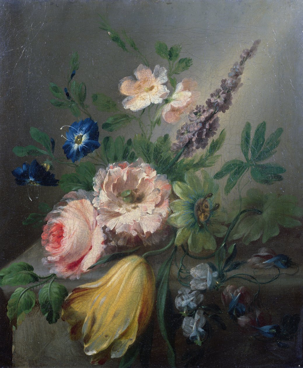 Stillleben mit Rosen, Passionsblumen, einer Tulpe und anderen Blumen auf einem Steinsims von Jean Louis Prevost