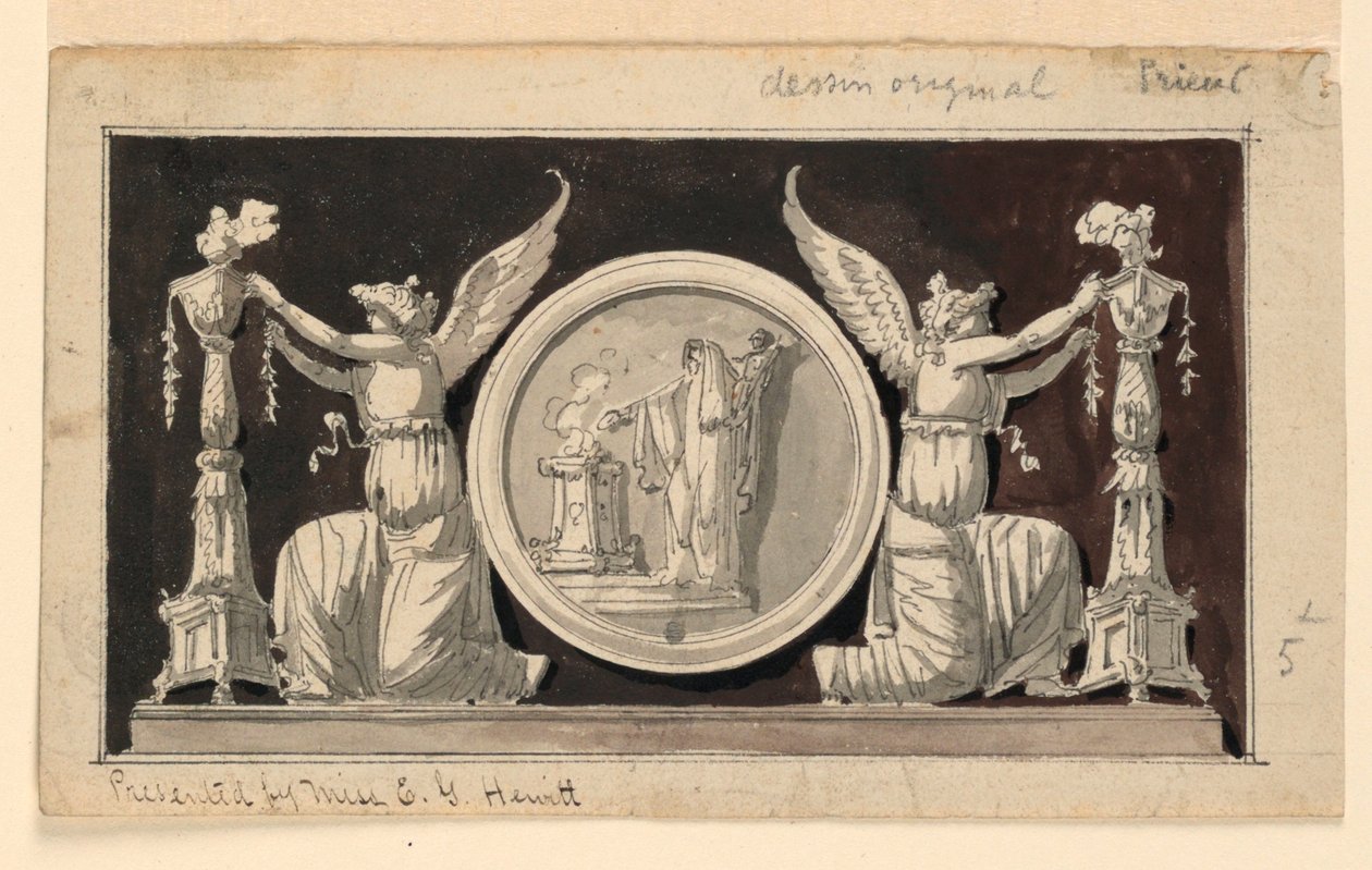 Dekoratives Panel: Medaillon mit einer Opferszene zwischen zwei Siegen, die Kandelaber schmücken von Jean Louis Prieur the Younger