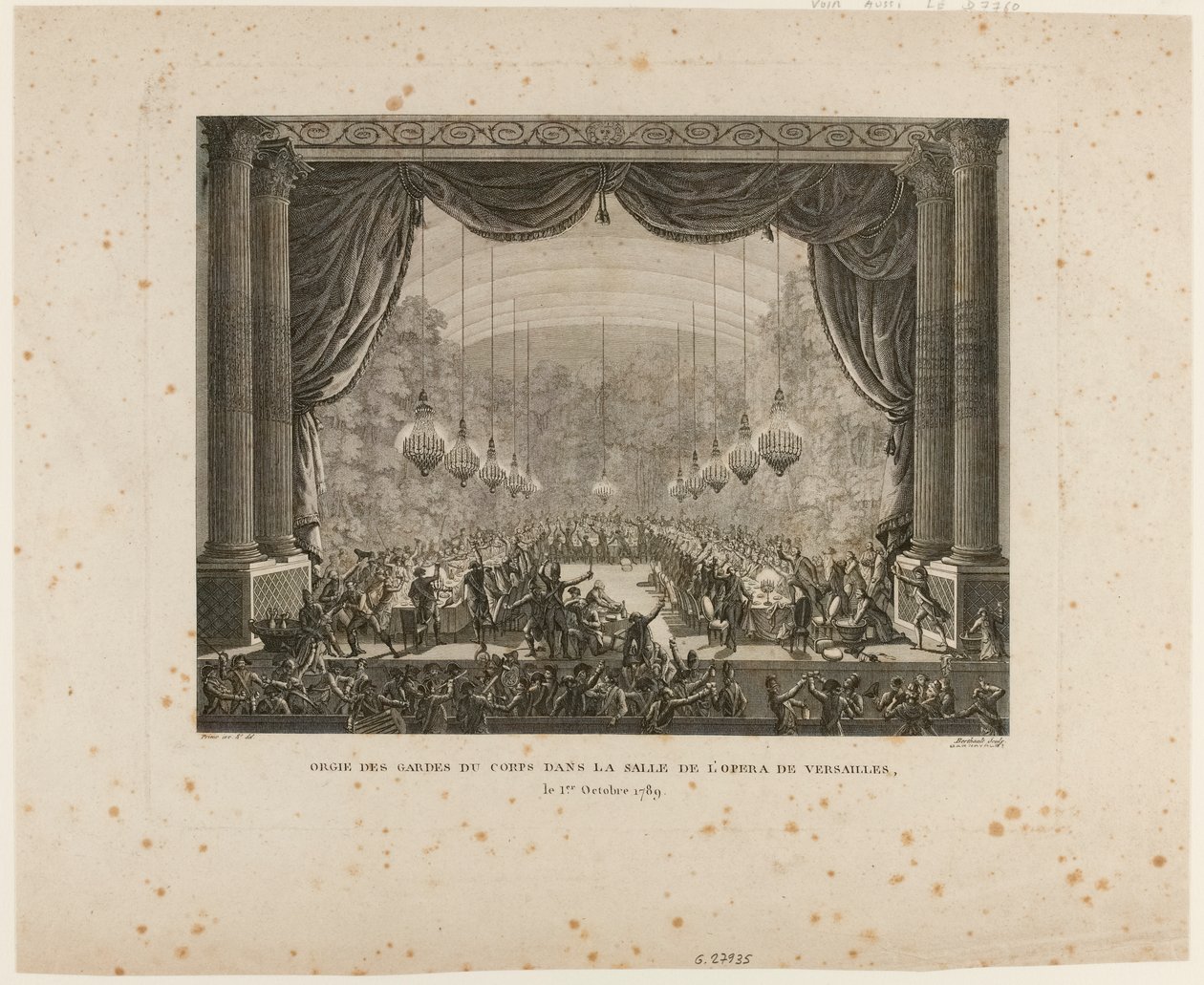 Fest der Leibwächter, Flandern-Regimenter, Montmorency-Dragoner und Nationalgarden von Versailles. Sie treten auf die Nationalkokarde und zeigen die schwarze Kokarde, ein Zeichen der "Aristokratischen Konföderation" von Jean Louis the Younger Prieur
