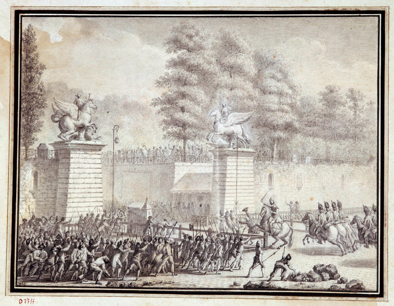Französische Revolution: Monsieur de Lambesc betritt die Tuilerien mit einem Detachement des königlichen deutschen Regiments am 12. Juli 1789 von Jean Louis the Younger Prieur