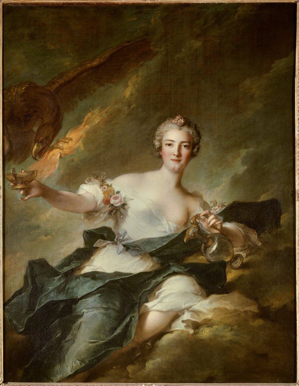 Porträt der Herzogin von Chaulnes, dargestellt als Hebe, Göttin der Vernunft (Anne Josephe Bonnier de la Masson, Ehefrau des Herzogs von Chaulnes) dargestellt mit einem Adler, der den Gott Jupiter symbolisiert. Gemälde von Jean Marc Nattie von Jean Marc Nattier