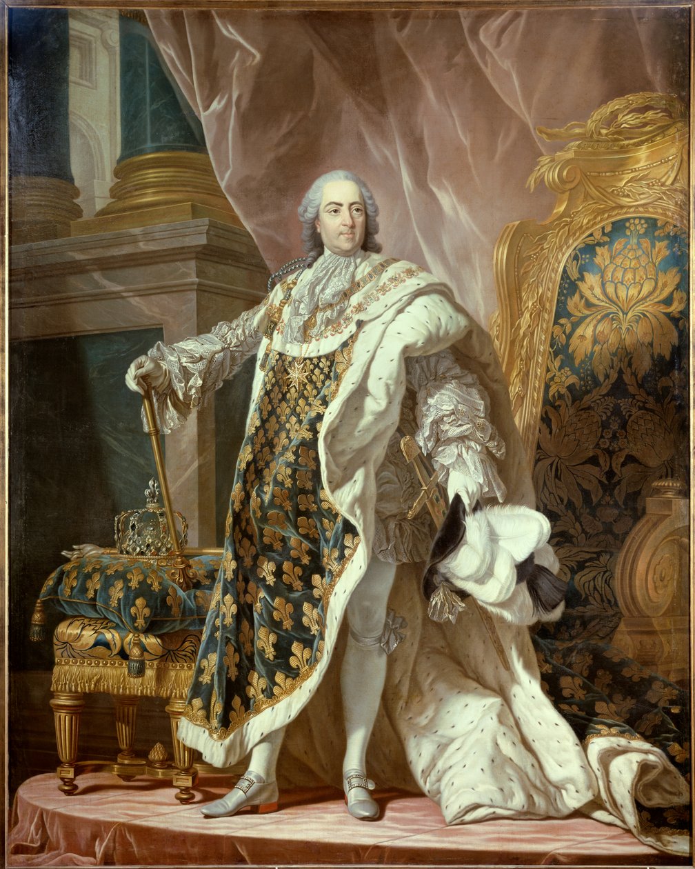 Ganzkörperporträt von Ludwig XV. (1710-1774) in heiligem Kostüm, König von Frankreich. Nach Louis Michel van Loo (1707-1771) 1761 von Jean Martial Frédou