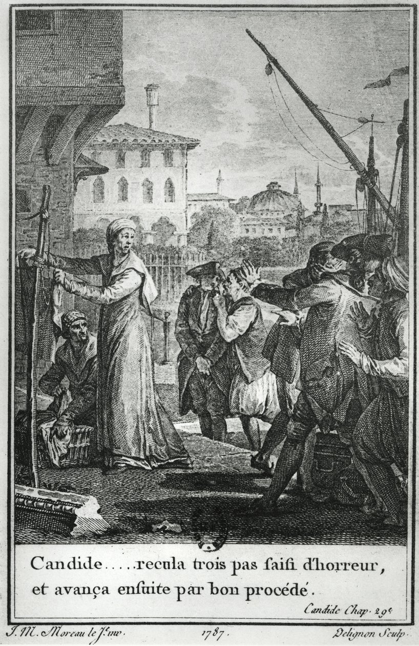 Candide... trat drei Schritte zurück, ergriffen von Schrecken, und trat dann wieder vor, Illustration aus Kapitel 29 von Candide von François Voltaire (1694-1778), graviert von Jean Louis Delignon (1755-1804) 1787 von Jean Michel the Younger Moreau