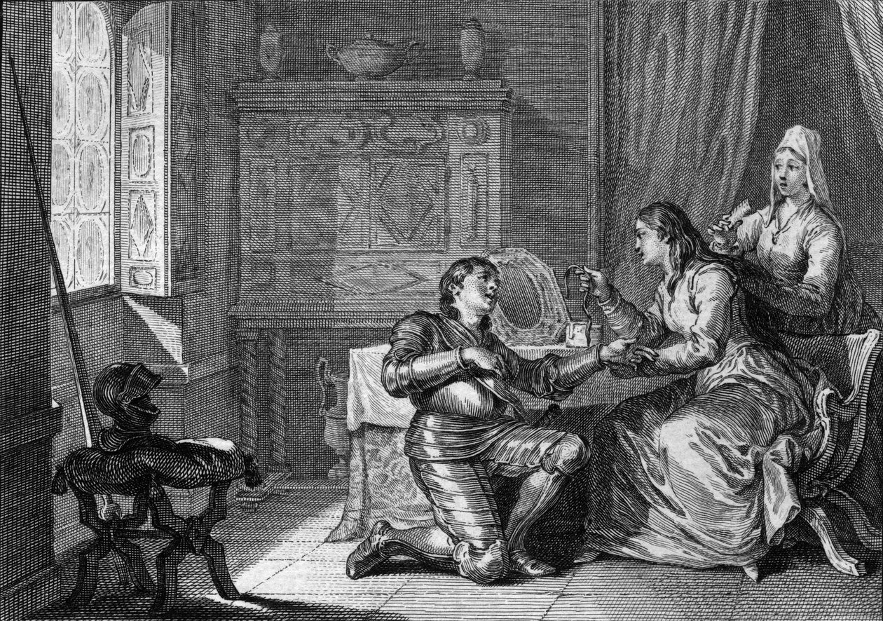 Eine Frau bietet einem Ritter ein Stoffarmband aus ihrem Haar als Liebespfand an. 10.-11. Jahrhundert. Gravur von Jean Michel Moreau, genannt Moreau le Jeune (1741-1814) von Jean Michel the Younger Moreau
