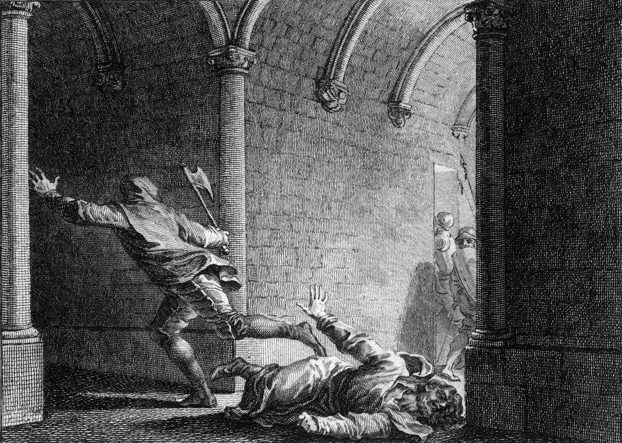 Ermordung von Ebroin, Bürgermeister des Palastes von Neustrien, 681: Er wurde mit einer Axt von Hermanfroi, einem Herrn, den er seines Eigentums beraubt hatte, getötet. Gravur von Jean Michel Moreau, genannt Moreau le Jeune (1741-1814) von Jean Michel the Younger Moreau