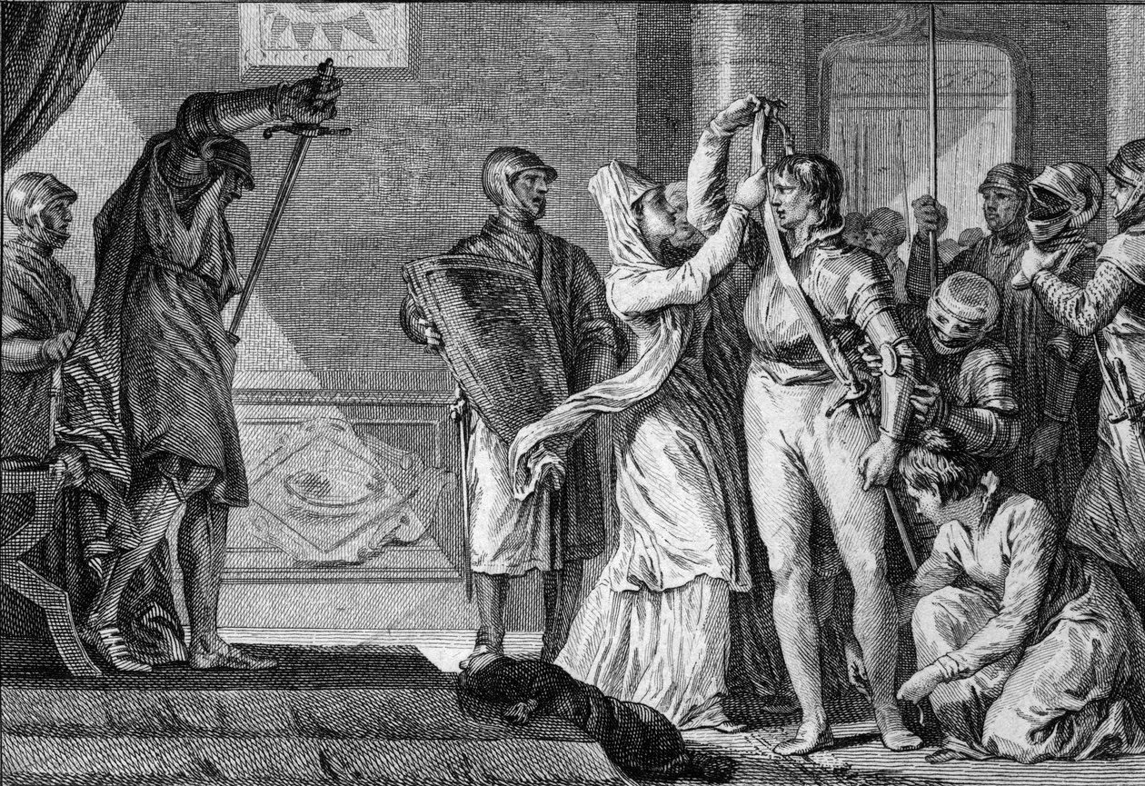Zeremonie der Weichmachung unter den Kapetingern: Frauen legen einem jungen Mann einen Gürtel und goldene Sporen an, während die Knappen ihn mit seiner Rüstung bedecken. 10.-11. Jahrhundert. Gravur von Jean Michel Moreau, genannt Moreau le Jeune von Jean Michel the Younger Moreau