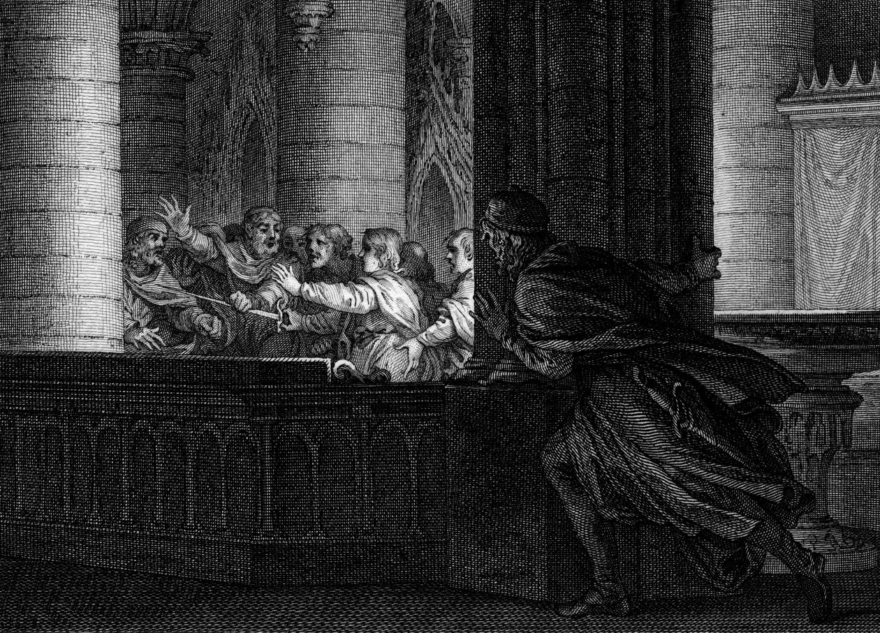 Verschwörung gegen Karl den Großen, 792: Ein Herr überrascht das Gespräch zwischen Verschwörern, die den Mord am König der Franken planen. Unter ihnen Pepin der Bucklige (769-811), Sohn von Karl dem Großen. Gravur von Jean Michel Moreau, genannt Moreau le  von Jean Michel the Younger Moreau