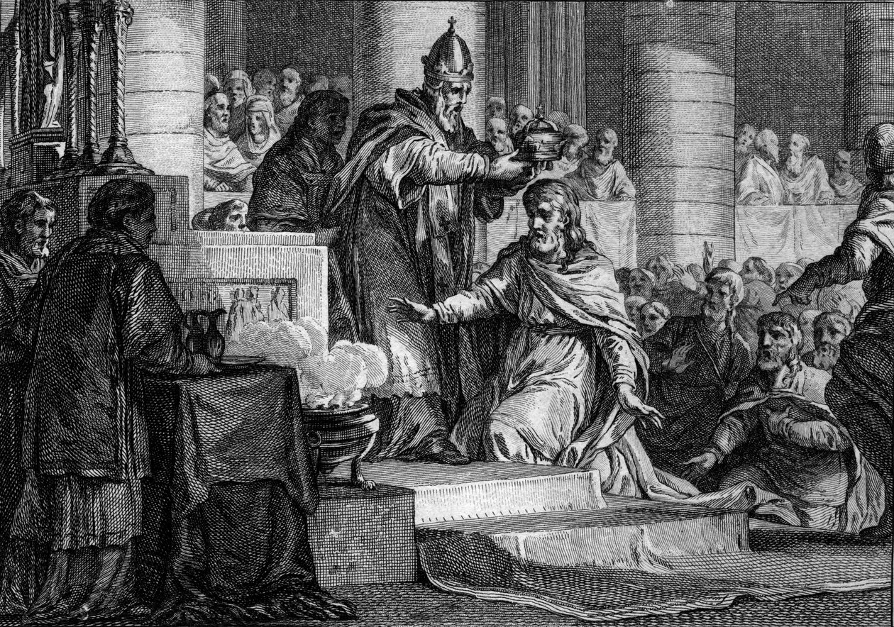 Krönung von Karl dem Großen, 25. Dezember 800: Der König der Franken (747-814) wird von Papst Leo III. (750-816) in der Peterskirche in Rom zum Kaiser des Westens geweiht. Gravur von Jean Michel Moreau, genannt Moreau le Jeune (1741-1814) von Jean Michel the Younger Moreau