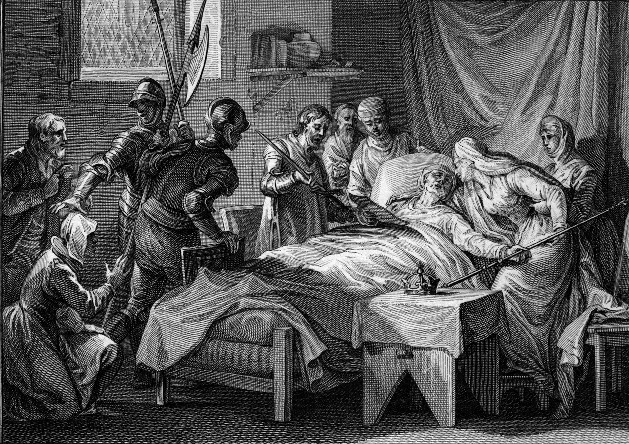 Tod und Nachfolge von Karl II. dem Kahlen, 877: Der König übergab der Kaiserin die Kaiserkrone, sein goldenes Zepter, das Schwert des Heiligen Petrus und ein Testament, in dem er seinen Sohn Ludwig den Stammler als Erben bestimmte. Gravur von J von Jean Michel the Younger Moreau