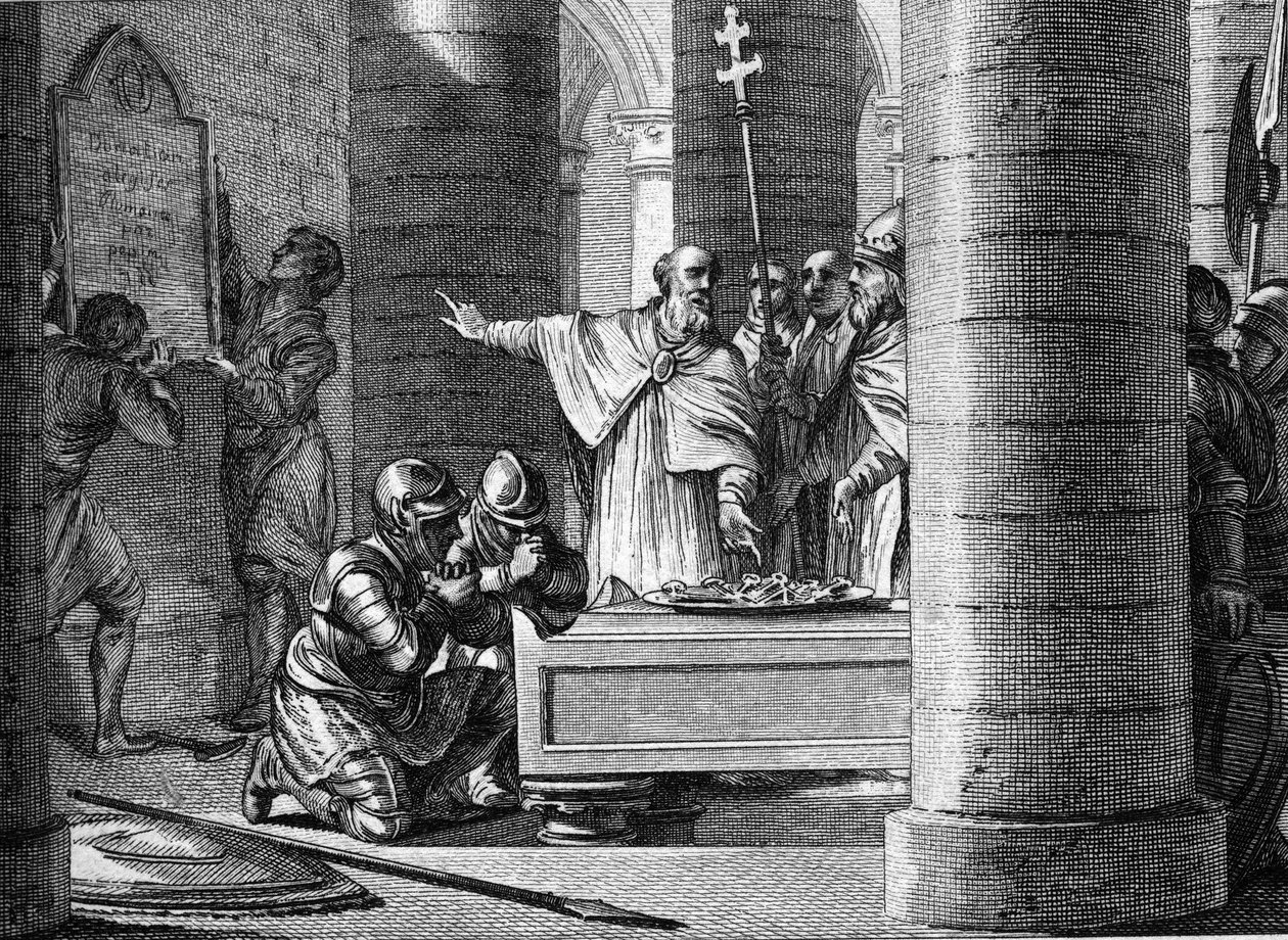 Fulrade, der große Kaplan von Pippin dem Kurzen, überreichte Papst Stephan II. die Schlüssel zu fünfzehn Städten, die von den Langobarden erobert wurden und die Grundlage des päpstlichen Staates bilden sollten (755). Auf ihren Knien, die beiden Söhne von P von Jean Michel the Younger Moreau