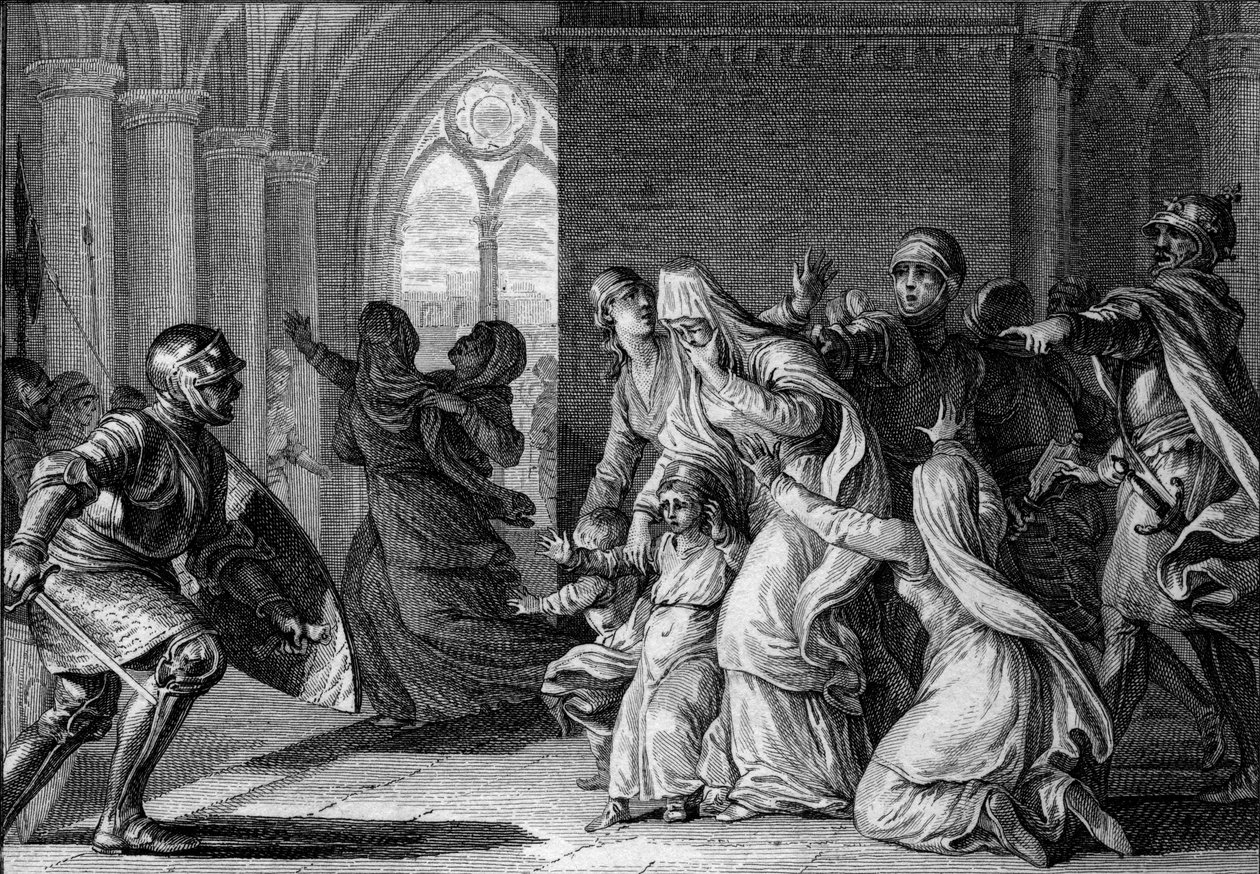 Ludwig der Fromme vertreibt seine Schwestern und Neffen aus dem Palast, 814. Sie werden der Verschwörung gegen ihn beschuldigt. Gravur von Jean Michel Moreau, genannt Moreau le Jeune (1741-1814) von Jean Michel the Younger Moreau