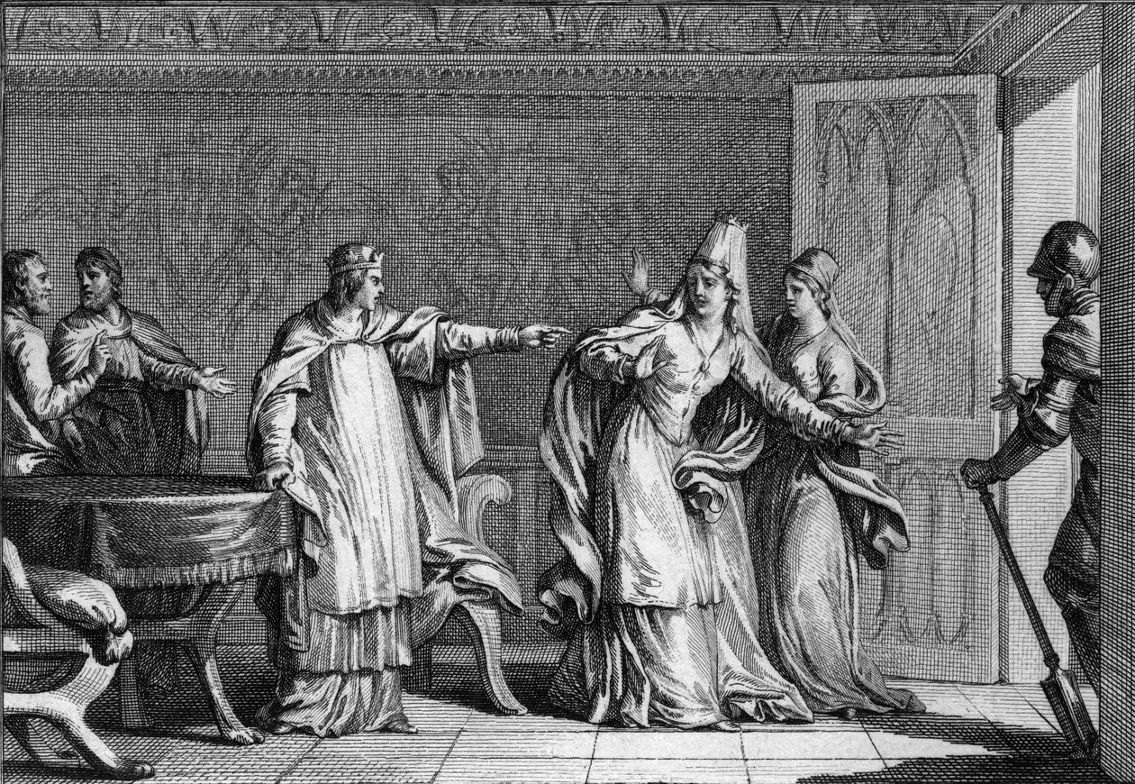 Ludwig V. der Faule (966-987), König der Franken, vertreibt seine Mutter, Königin Emma von Italien (945-988), die beschuldigt wird, ihren Ehemann, König Lothar (941-986), vergiftet zu haben, 987. Gravur von Jean Michel Moreau, genannt Moreau le Jeune (1741 von Jean Michel the Younger Moreau