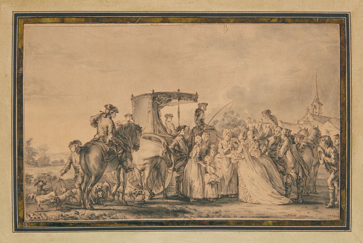 Marie Antoinette, die aus ihrer Kutsche steigt und von ihrem Gefolge umgeben ist, tröstet einen Bauern von Jean Michel the Younger Moreau