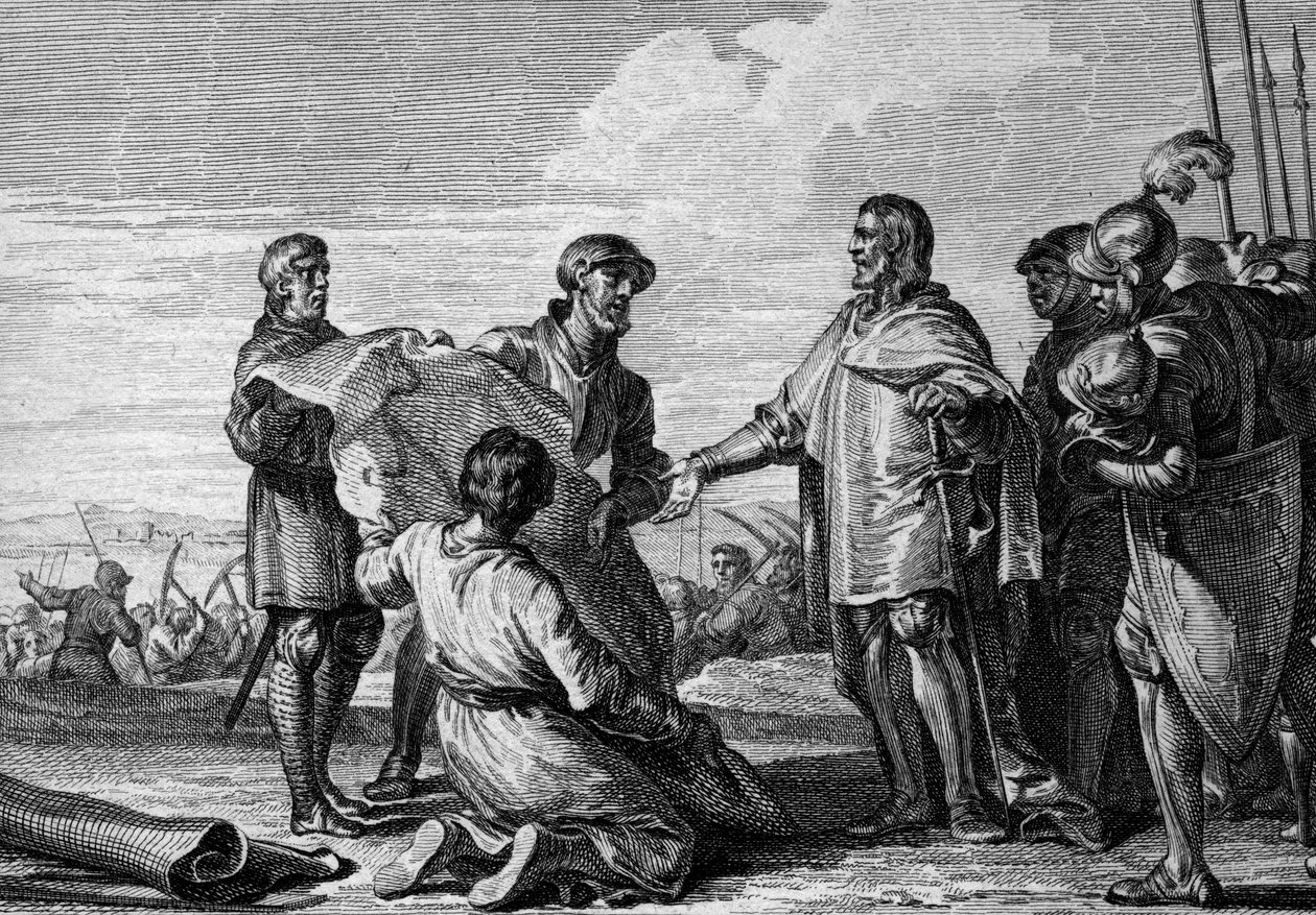 Projekt eines Kanals zwischen Rhein und Donau, 793: Karl der Große besucht die Baustelle des Kanals, um die Nordsee mit dem Schwarzen Meer zu verbinden. Gravur von Jean Michel Moreau, genannt Moreau le Jeune von Jean Michel the Younger Moreau