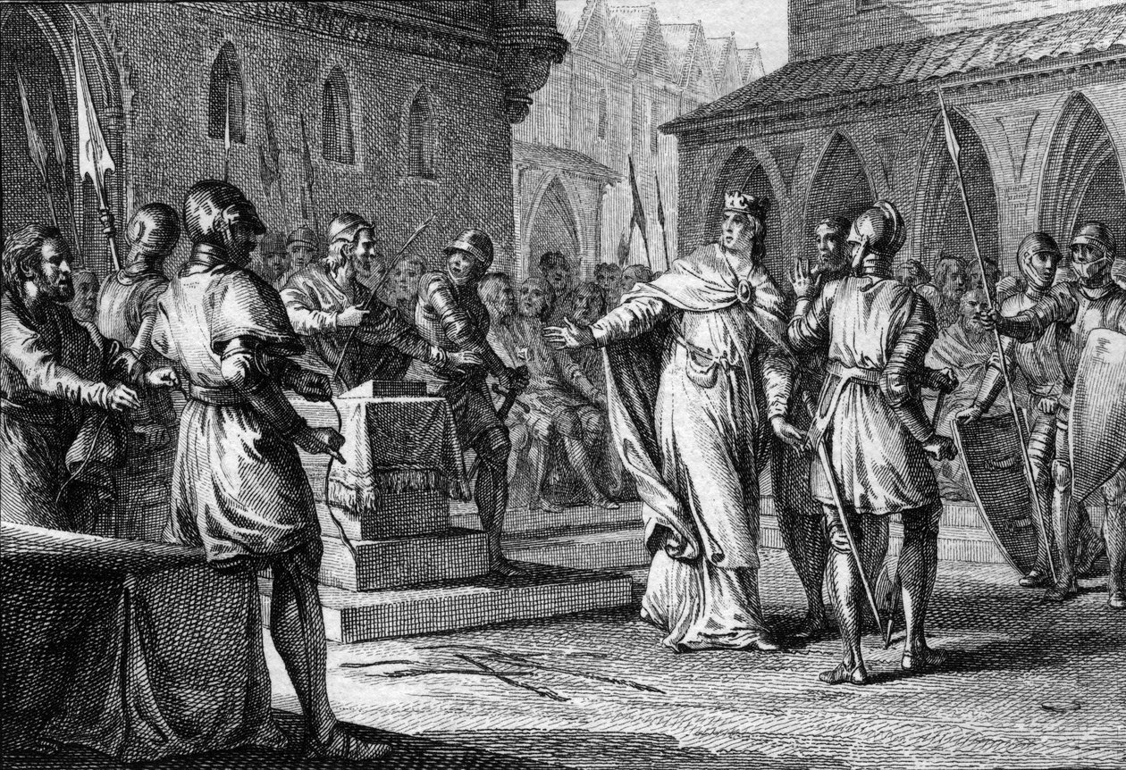 Aufstand gegen Karl III. den Einfältigen durch die von Robert (865-923) angeführten Herren, der 922 als Robert I. König von Frankreich wurde, Soissons 920 (Gravur) von Jean Michel the Younger Moreau