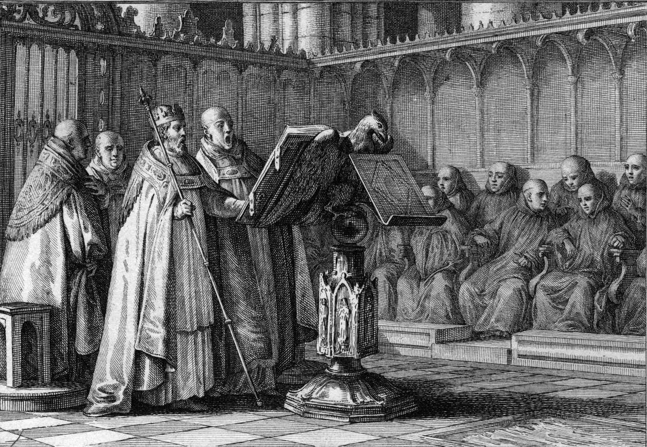 Robert II. der Fromme, König der Franken, singt bei einem Gottesdienst vor einem Lesepult. Er trägt seine Krone und hält sein Zepter. Gravur von Jean Michel Moreau, genannt Moreau le Jeune. von Jean Michel the Younger Moreau
