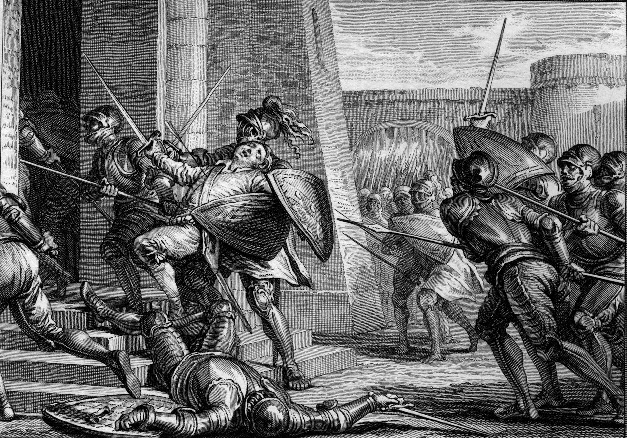 Robert der Starke starb (circa 815-866), Herzog von Frankreich, während der Schlacht von Brissarthe im Jahr 866, in der die Franken gegen eine Armee aus Bretonen und Wikingern kämpften. Gravur von Jean Michel Moreau, genannt Moreau le Jeune von Jean Michel the Younger Moreau