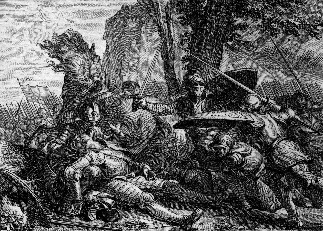 Roland starb während der Schlacht von Roncesvaux zwischen der Armee Karls des Großen und der der Sarazenen. 778. Gravur von Jean Michel Moreau, genannt Moreau le Jeune (1741-1814) von Jean Michel the Younger Moreau