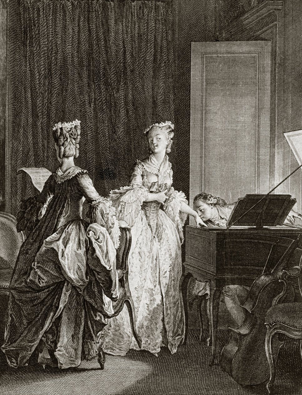 Saint Preux und Claire am Cembalo in „Julie ou la nouvelle Héloïse“ von dem Schweizer Philosophen Jean Jacques (Jean-Jacques) Rousseau (1712-1778) - Gravur von Moreau le jeune, Jean Michel (1741-1814) von Jean Michel the Younger Moreau
