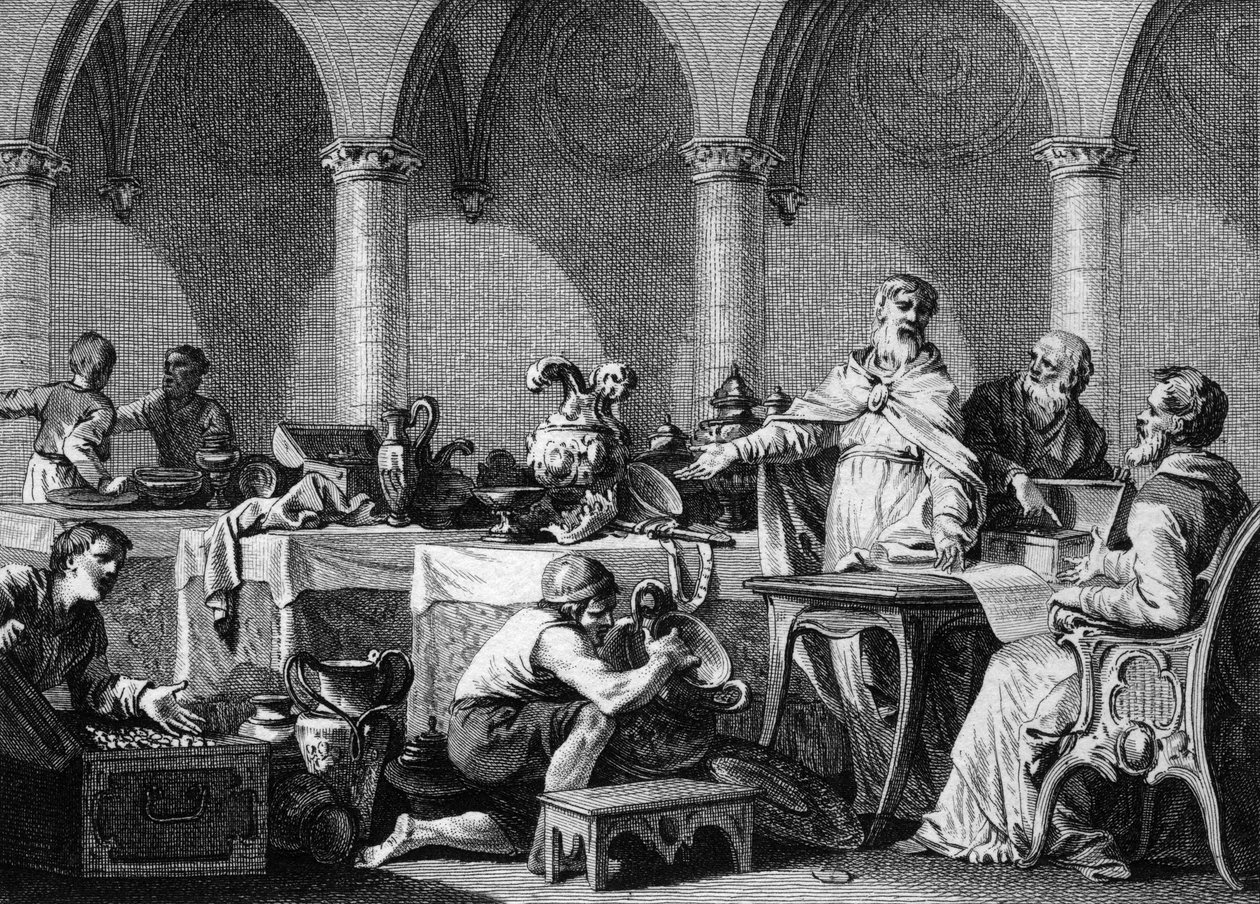 Teilung der Schätze von Dagobert I. (602/605-638), König der Franken, nach seinem Tod, unter der Aufsicht der beiden Bürgermeister des Palastes, Pippin von Landen und Aega. Gravur von Jean Michel Moreau, genannt Moreau le Jeune (1741-1814) von Jean Michel the Younger Moreau
