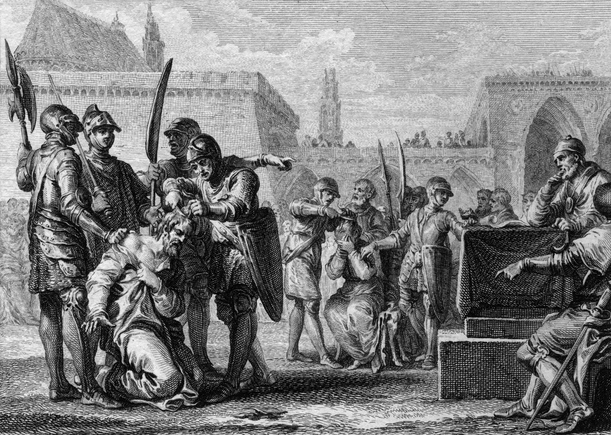 Thierry III. (651-691), König der Franken, und Ebroin (gestorben 681), Bürgermeister des Palastes von Neustrien, wurden von der Bevölkerung, die den beiden Männern feindlich gesinnt war, niedergemäht. 669. Gravur von Jean Michel Moreau, genannt Moreau le J von Jean Michel the Younger Moreau