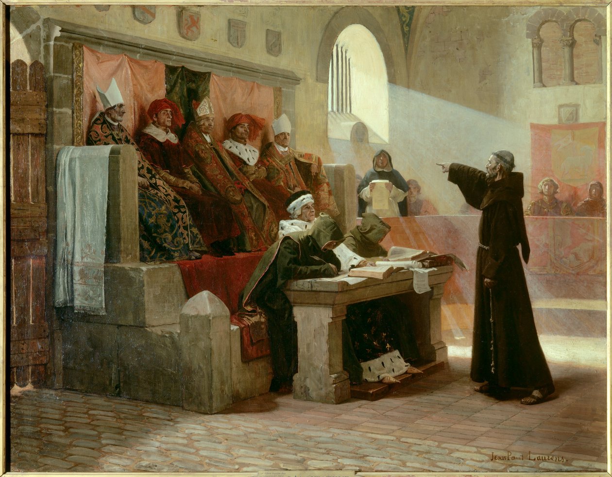 Albigeoisische Inquisition: Der Agitator von Languedoc Bernard Delicieux (1260-1318), Franziskanermönch während seines Prozesses von Jean Paul Laurens