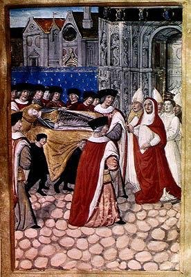 F.28r Die Ankunft des Leichnams der Herzogin Königin und der Empfang durch Kardinal Philipp von Luxemburg, aus dem Bericht über das Begräbnis von Anne von Bretagne, 1515 von Jean Perreal