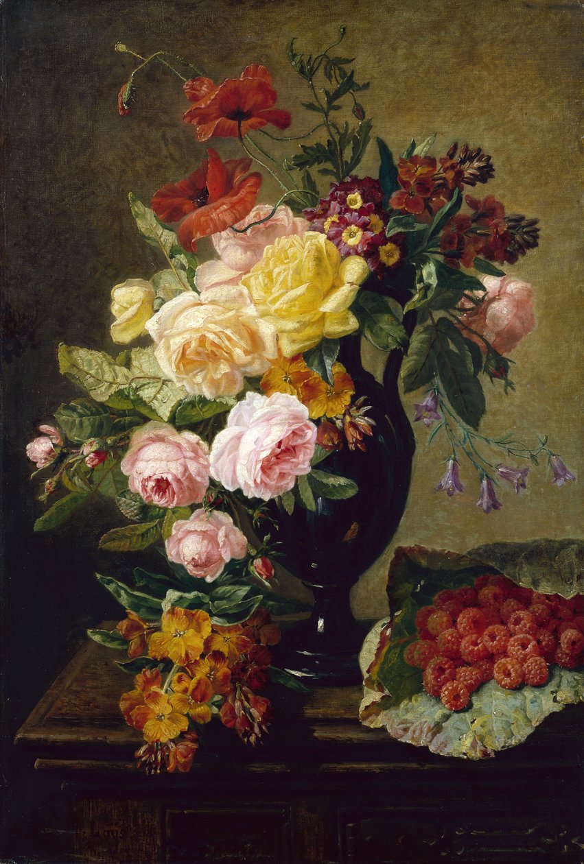 Rosen, Mohnblumen, Goldlack in einer Vase mit Himbeeren von Jean Pierre Lays