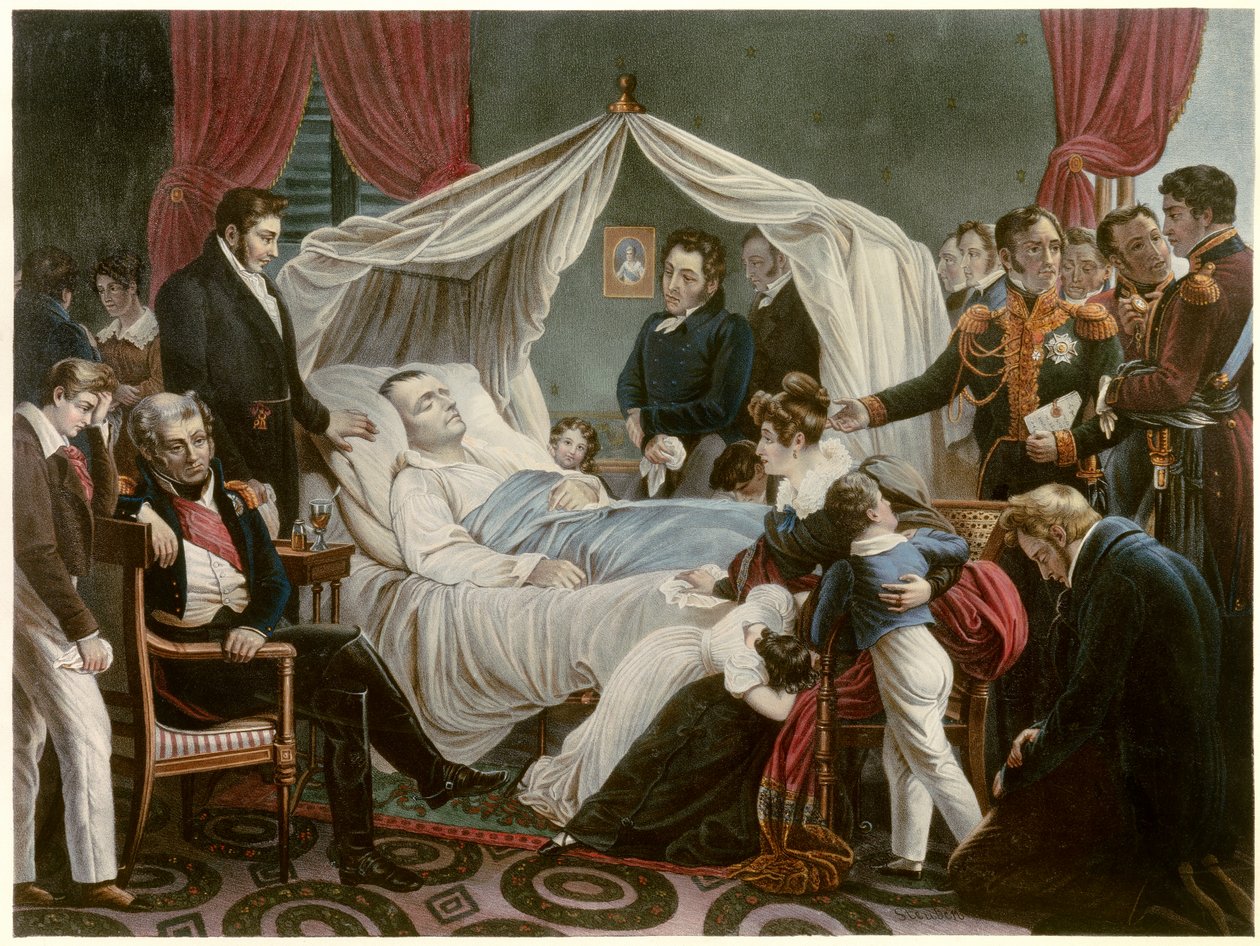 Der Tod Napoleons, 5/05/1821 auf St. Helena. Lithographie von Jean Pierre Marie Jazet nach dem Gemälde von Charles Auguste Steuben. Malmaison, Schlossmuseum von Jean Pierre Marie Jazet