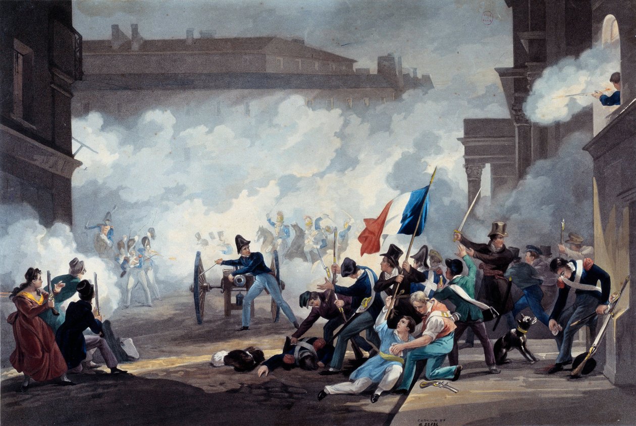 Revolution von 1830: Ein Student der Ecole Polytechnique ergriff ein Kanonenstück während der Eroberung des Palais-Royal am 28. Juli von Jean Pierre Marie Jazet