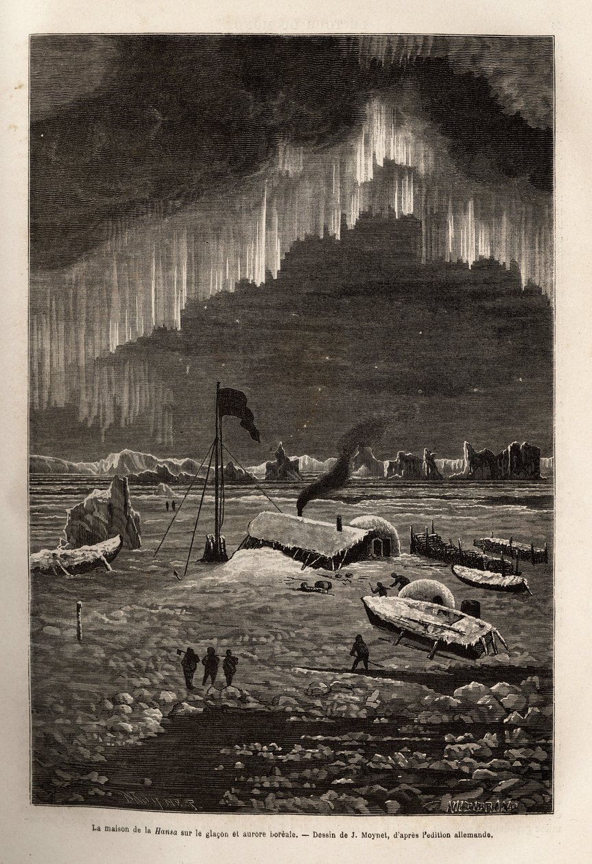 Nach dem Verlassen ihres Schiffes baute die Besatzung der La Hansa ein Lager auf einem treibenden Eisblock, beleuchtet von der Aurora Borealis, graviert nach der Zeichnung von J. Moynet, zur Illustration der Reise der Schiffe La Germania und La Hansa zum N von Jean Pierre Moynet