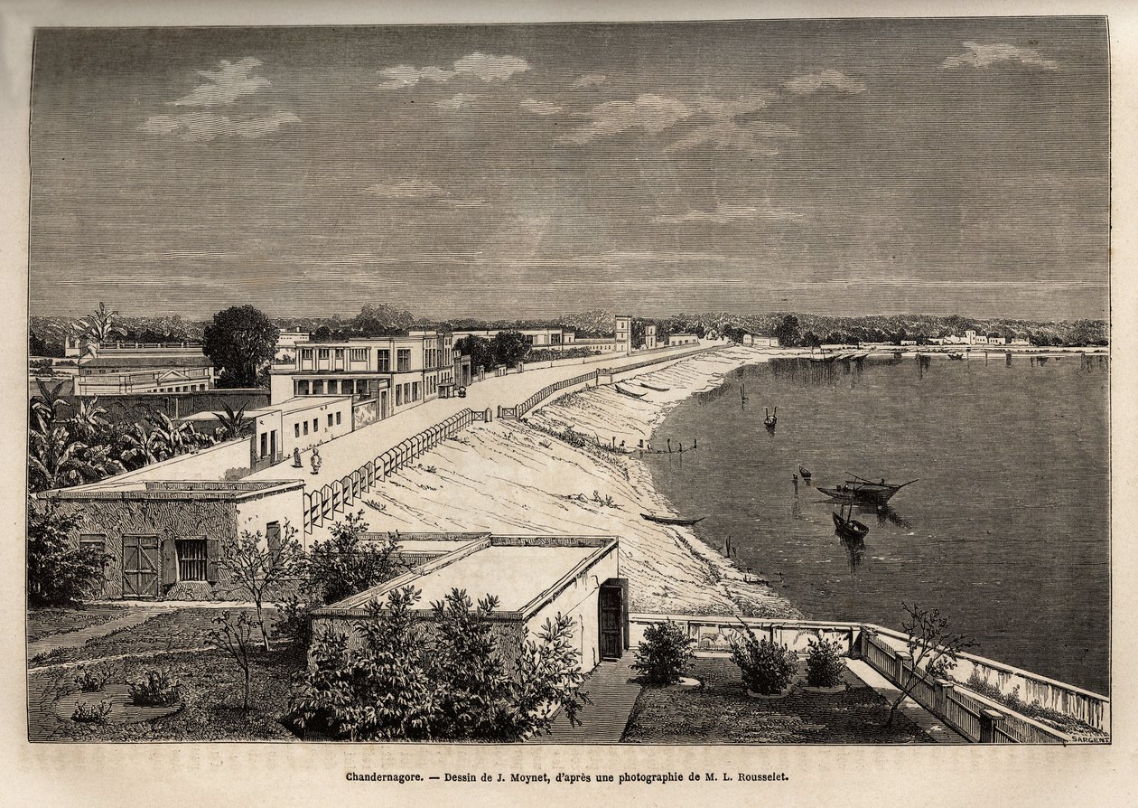 Chandernagor (heutiges Chandannagar, in Westbengalen), am Ufer des Ganges, Gravur nach der Zeichnung von J. Moynet, zur Illustration der Reise in Indien der Rajahs, 1864-1868, von Louis Rousselet, veröffentlicht in „Le tour du monde“ 1874, herausgegeben von Jean Pierre Moynet