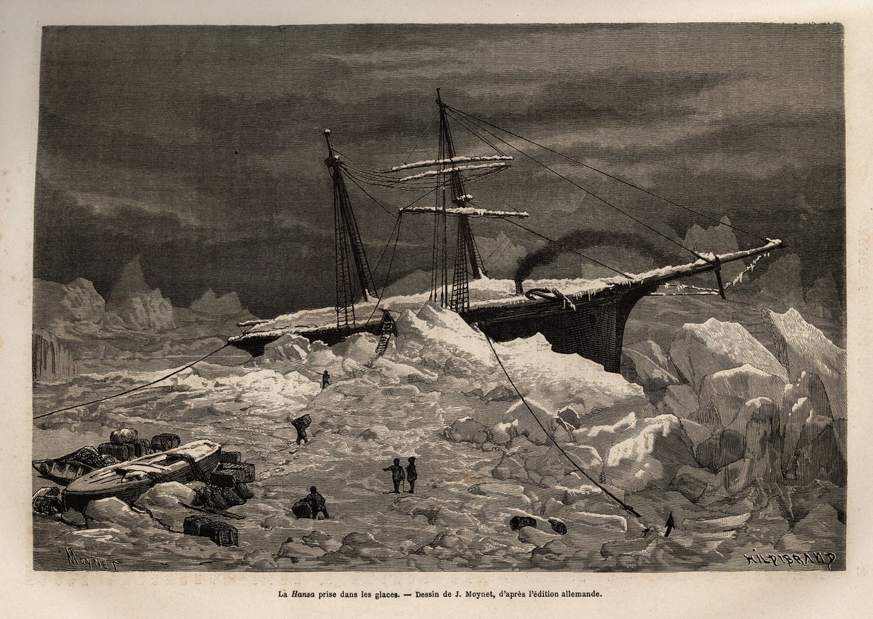 Das deutsche Schiff La Hansa im Eis gefangen, die Besatzung beeilt sich, die notwendigen Gegenstände und Vorräte auszupacken, bevor sie das Schiff verlassen und die Expedition auf dem Eis fortsetzen, graviert nach der Zeichnung von J. Moynet, zur Illustrat von Jean Pierre Moynet