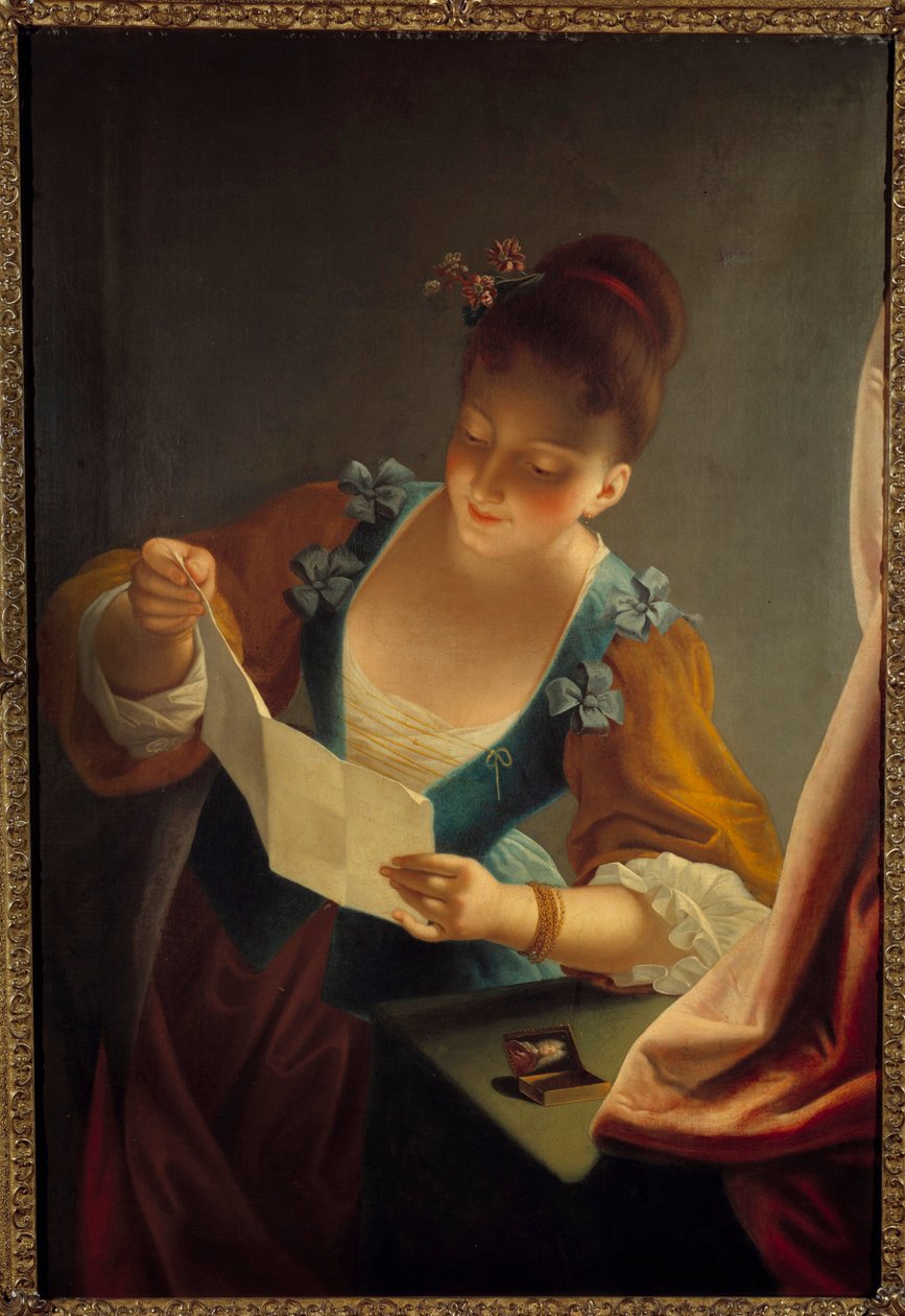 Junge Frau, die einen Brief liest von Jean Raoux (1677-1734) 18. Jahrhundert von Jean Raoux