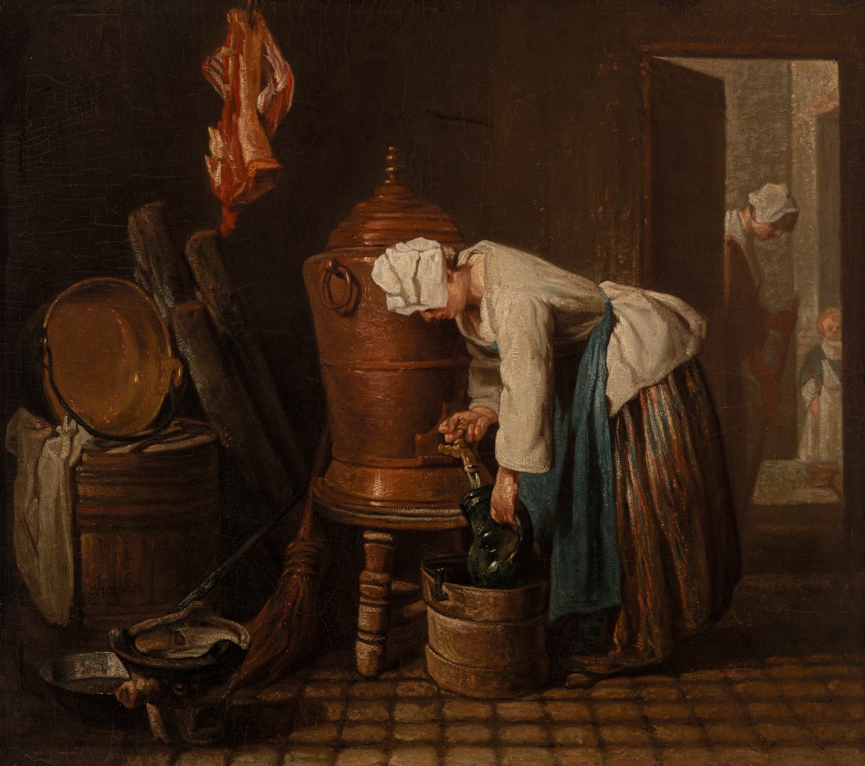 Frau schöpft Wasser aus einer Wasserurne von Jean Baptiste Simeon Chardin