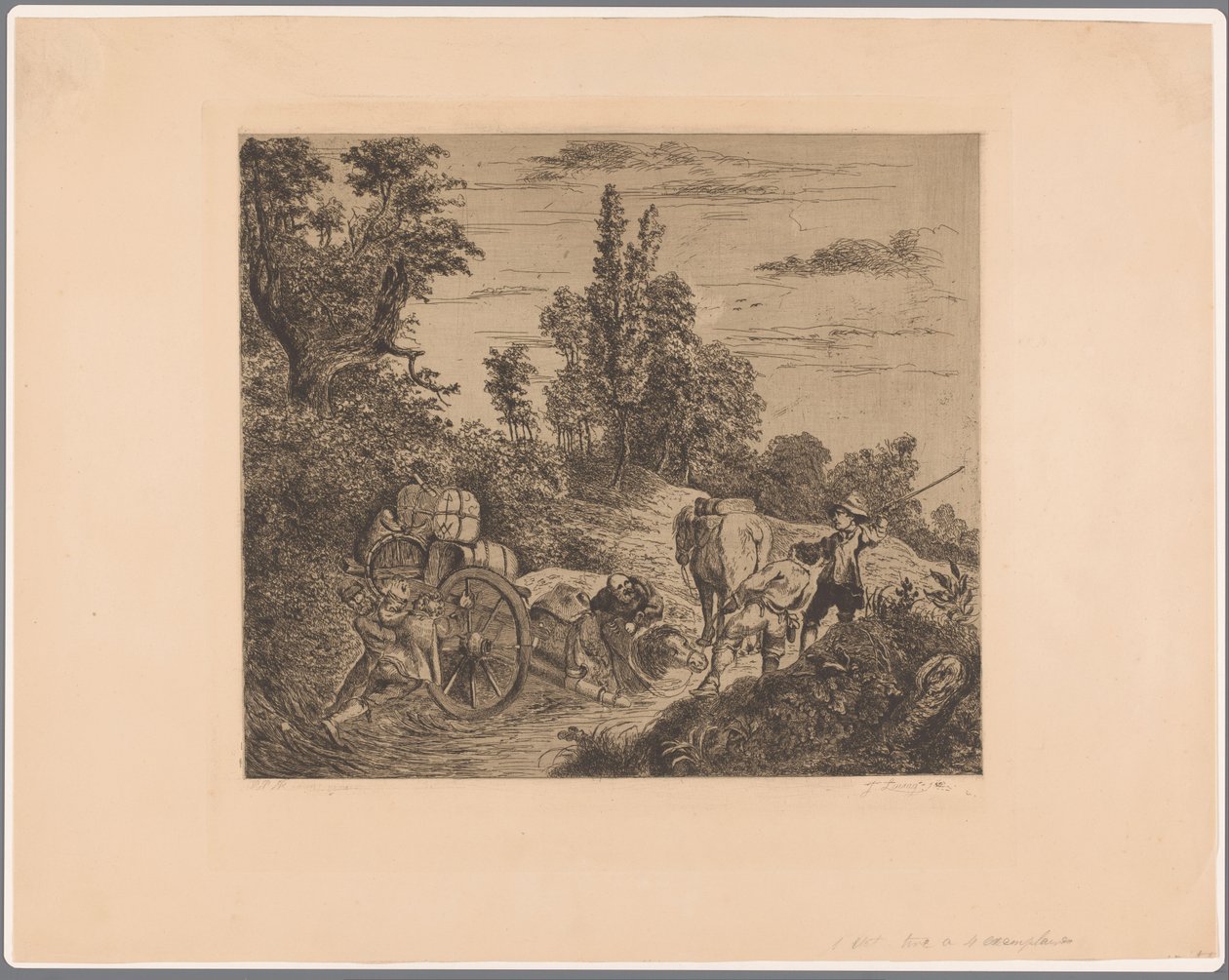 Landschaft mit einem im Wasser steckengebliebenen Wagen, der von einer Gruppe Männer an Land gezogen wird von Jean Théodore Joseph Linnig