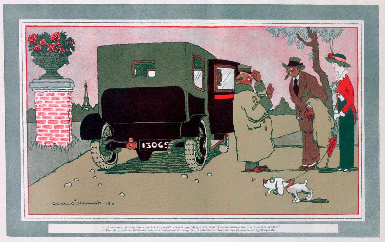 Der neue Chauffeur, französische Automobilkarikatur, 1913 von Jean Villemot