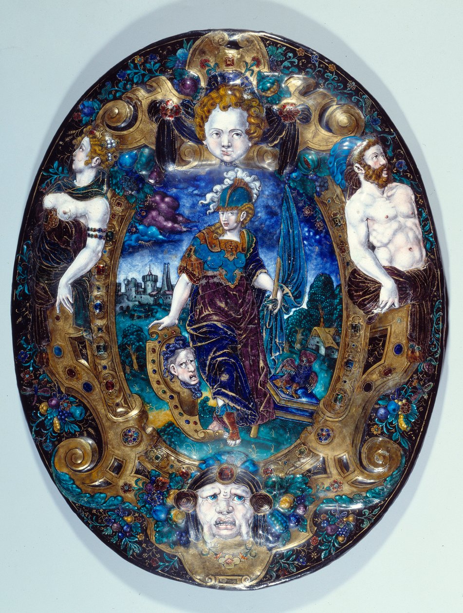 Bemaltes Email-Tablett, das Minerva auf Landschaftshintergrund darstellt, geschaffen von Jean Court dit Vigier (16. Jahrhundert) (Maler und Emailleur in LIMOGES) Paris, Louvre Museum von Jean de Court